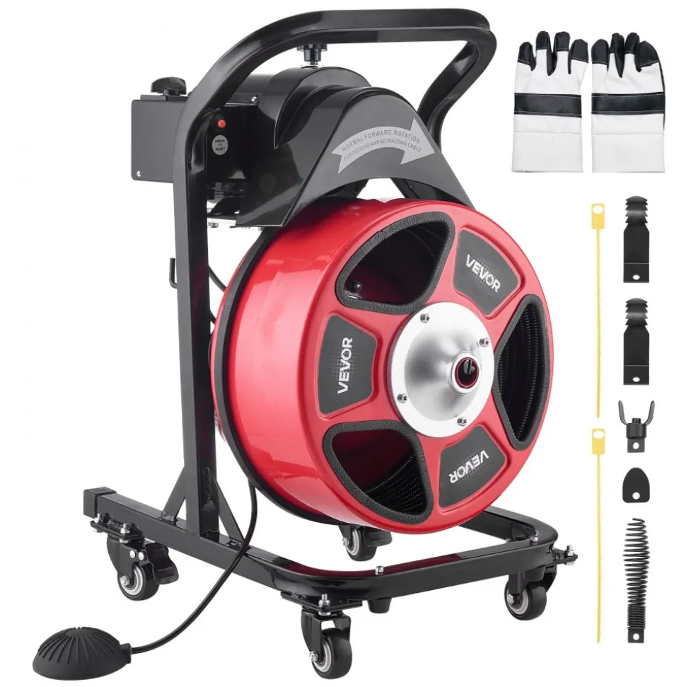 VEVOR Drain Cleaner Machine 50 FT x 1/2 Inch, Manual Feed Sewer Snake Auger on Wheels - with 4 Cutters & Air-activated Foot Switch for 2" to 6" Pipes