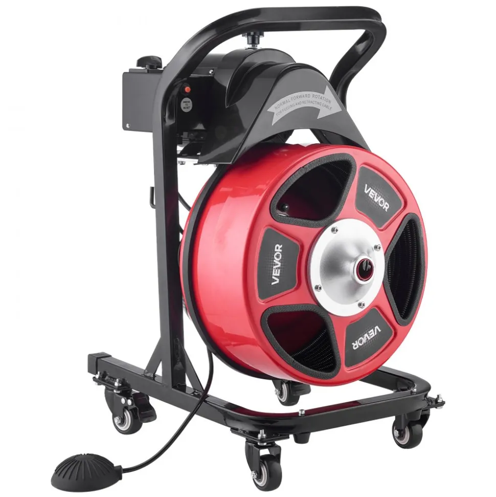 VEVOR Drain Cleaner Machine 50 FT x 1/2 Inch, Manual Feed Sewer Snake Auger on Wheels - with 4 Cutters & Air-activated Foot Switch for 2" to 6" Pipes