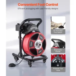 VEVOR Drain Cleaner Machine 50 FT x 1/2 Inch, Manual Feed Sewer Snake Auger on Wheels - with 4 Cutters & Air-activated Foot Switch for 2