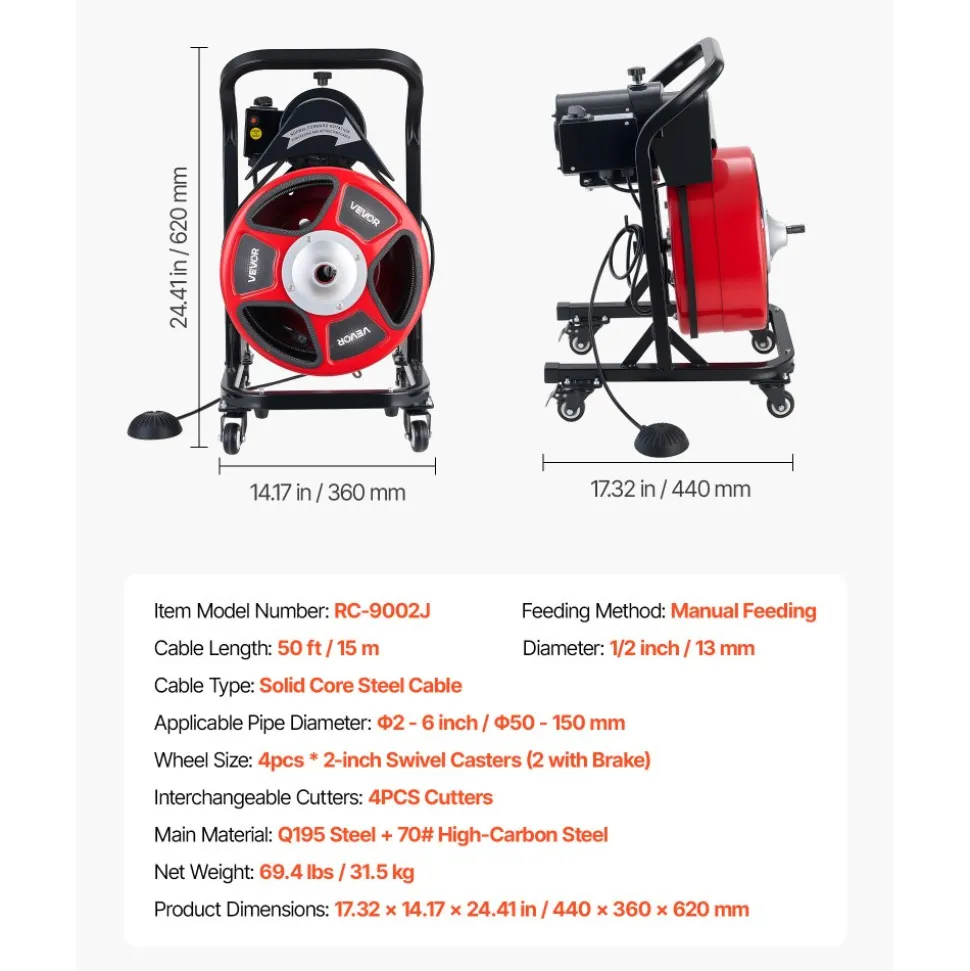 VEVOR Drain Cleaner Machine 50 FT x 1/2 Inch, Manual Feed Sewer Snake Auger on Wheels - with 4 Cutters & Air-activated Foot Switch for 2" to 6" Pipes