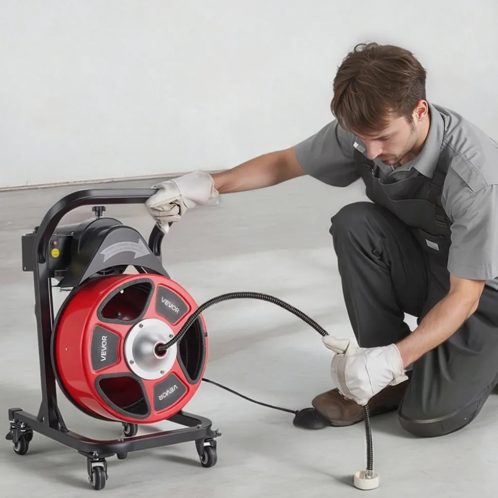 VEVOR Drain Cleaner Machine 50 FT x 1/2 Inch, Manual Feed Sewer Snake Auger on Wheels - with 4 Cutters & Air-activated Foot Switch for 2" to 6" Pipes