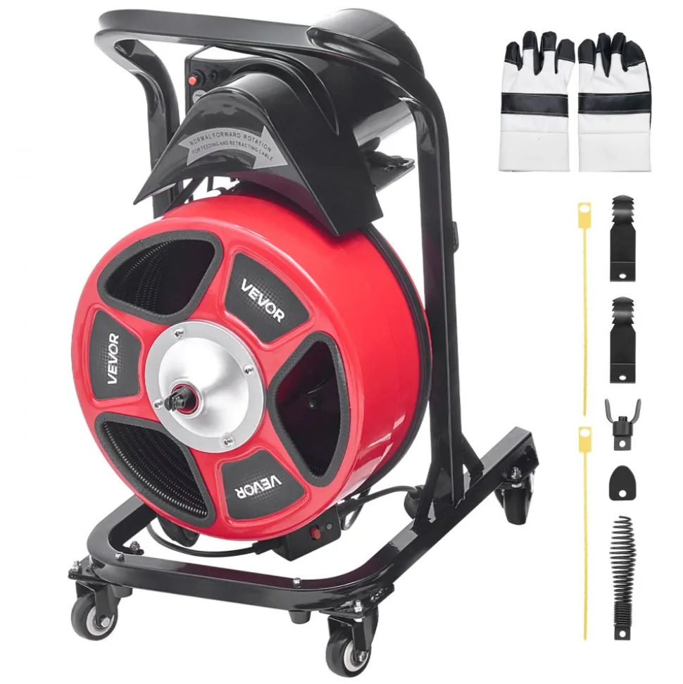 VEVOR Drain Cleaner Machine 50 FT x 1/2 Inch, Manual Feed Sewer Snake Auger on Wheels - with 4 Cutters & Air-activated Foot Switch for 2" to 6" Pipes