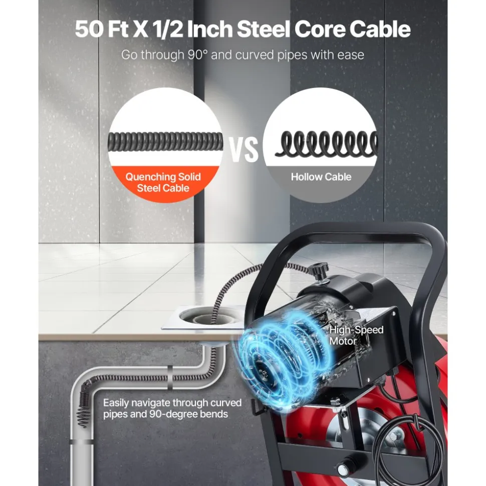 VEVOR Drain Cleaner Machine 50 FT x 1/2 Inch, Manual Feed Sewer Snake Auger on Wheels - with 4 Cutters & Air-activated Foot Switch for 2" to 6" Pipes