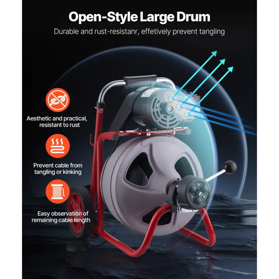 VEVOR Drain Cleaner Machine 75 FT x 3/8 Inch, Auto Feed Sewer Snake Drain Auger on Wheels, Portable Drain Cleaning Machine with 8 Cutters & Air-Activated Foot Switch for 2" to 4" Pipes