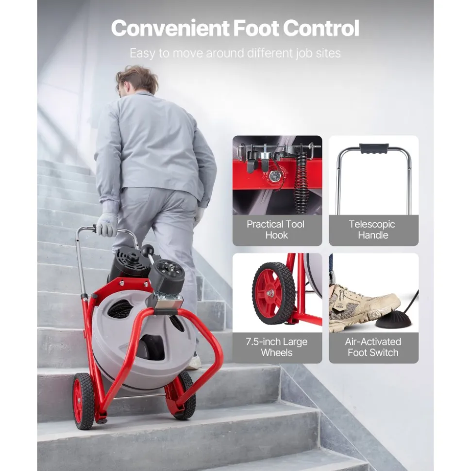 VEVOR Drain Cleaner Machine 75 FT x 3/8 Inch, Auto Feed Sewer Snake Drain Auger on Wheels, Portable Drain Cleaning Machine with 8 Cutters & Air-Activated Foot Switch for 2" to 4" Pipes