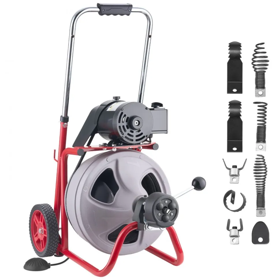 VEVOR Drain Cleaner Machine 75 FT x 3/8 Inch, Auto Feed Sewer Snake Drain Auger on Wheels, Portable Drain Cleaning Machine with 8 Cutters & Air-Activated Foot Switch for 2" to 4" Pipes