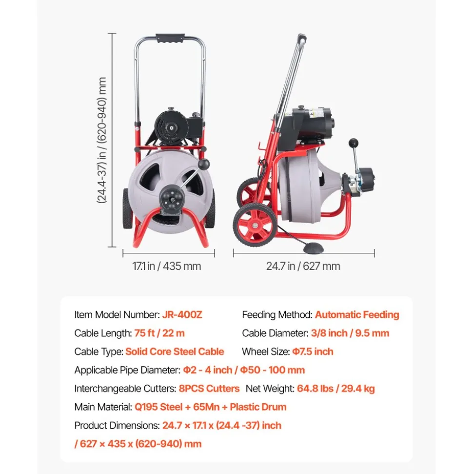 VEVOR Drain Cleaner Machine 75 FT x 3/8 Inch, Auto Feed Sewer Snake Drain Auger on Wheels, Portable Drain Cleaning Machine with 8 Cutters & Air-Activated Foot Switch for 2" to 4" Pipes
