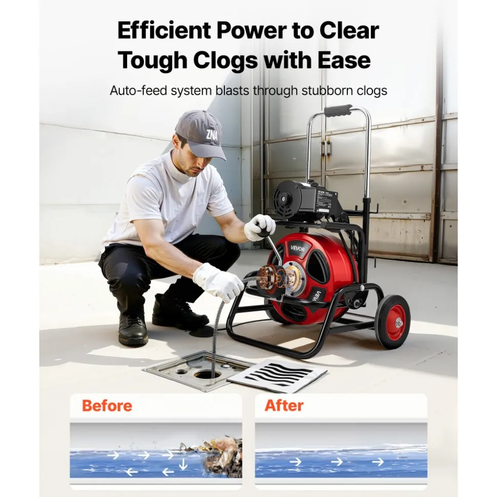 VEVOR Drain Cleaner Machine 100 FT x 1/2 Inch, Auto Feed Sewer Snake Auger, Portable Drain Cleaning Machine with Climbing Wheels, Adjustable Drum, 8 Cutters & Foot Switch for 2" to 6" Pipes