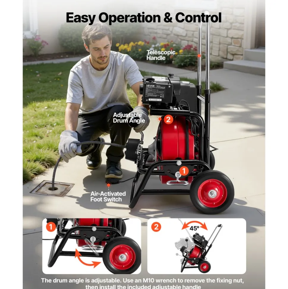 VEVOR Drain Cleaner Machine 100 FT x 1/2 Inch, Auto Feed Sewer Snake Auger, Portable Drain Cleaning Machine with Climbing Wheels, Adjustable Drum, 8 Cutters & Foot Switch for 2" to 6" Pipes