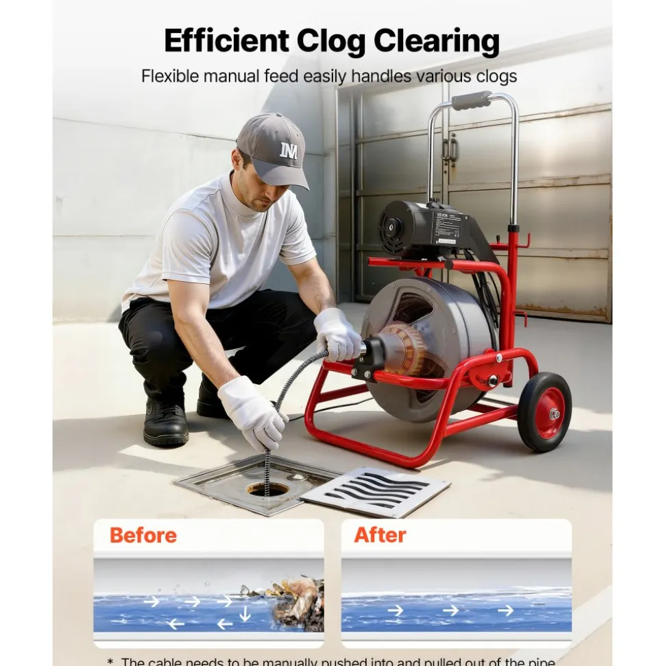 VEVOR Drain Cleaner Machine 75 FT x 3/8 Inch, Sewer Snake Auger on Wheels, Manual Feed Drain Cleaning Machine with Adjustable Drum Angle, 6 Cutters & Air-activated Foot Switch for 2" to 4" Pipes
