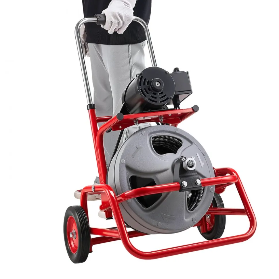 VEVOR Drain Cleaner Machine 75 FT x 3/8 Inch, Sewer Snake Auger on Wheels, Manual Feed Drain Cleaning Machine with Adjustable Drum Angle, 6 Cutters & Air-activated Foot Switch for 2" to 4" Pipes