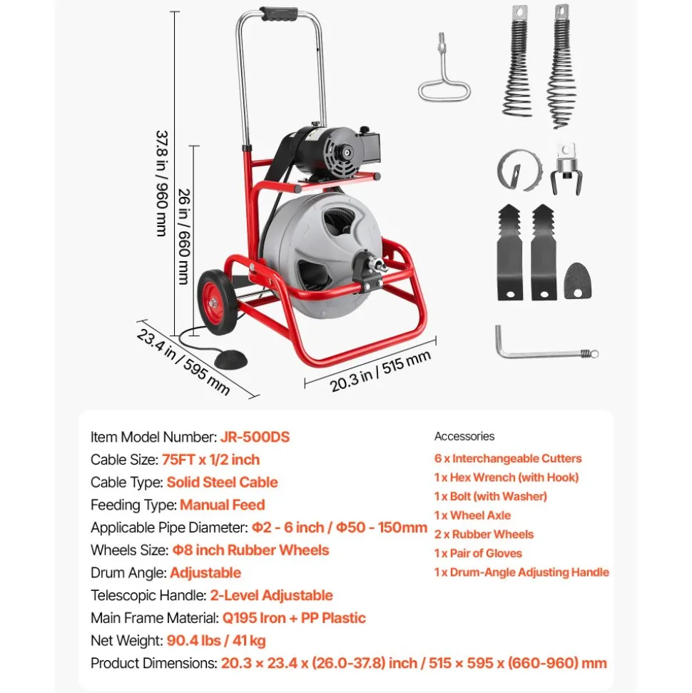 VEVOR Drain Cleaner Machine 75 FT x 3/8 Inch, Sewer Snake Auger on Wheels, Manual Feed Drain Cleaning Machine with Adjustable Drum Angle, 6 Cutters & Air-activated Foot Switch for 2" to 4" Pipes
