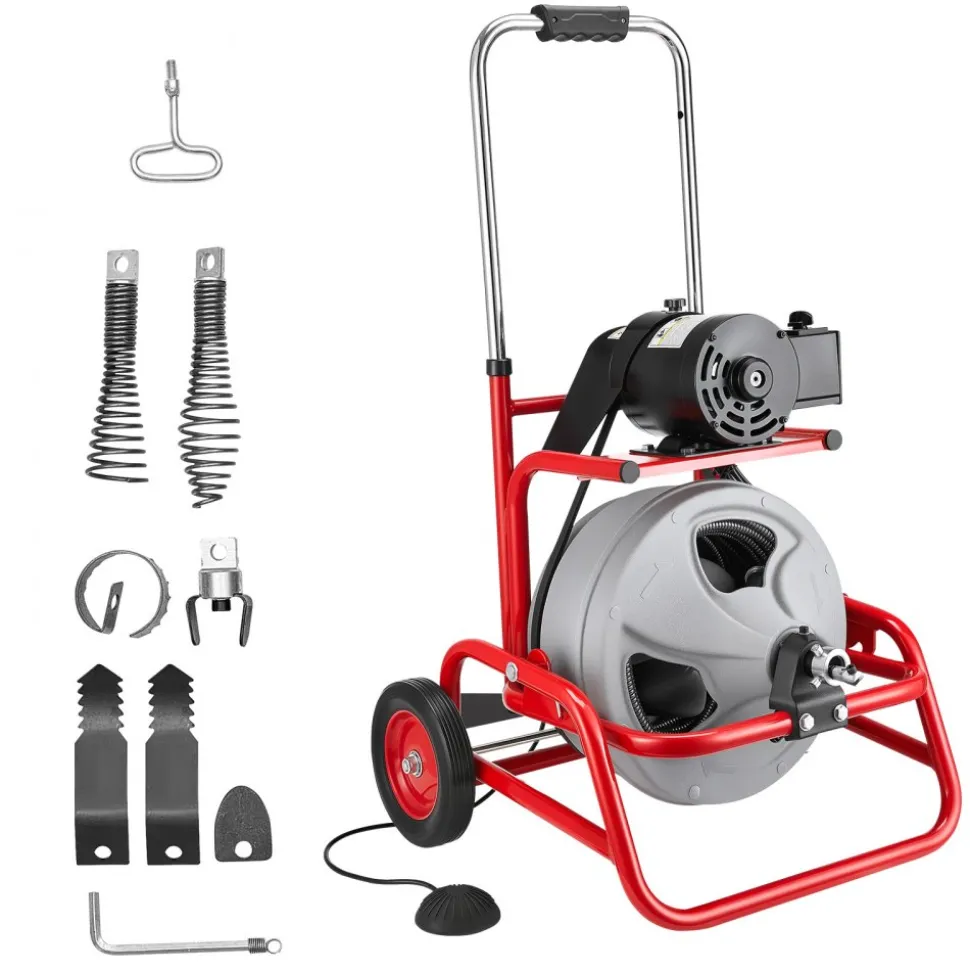 VEVOR Drain Cleaner Machine 75 FT x 3/8 Inch, Sewer Snake Auger on Wheels, Manual Feed Drain Cleaning Machine with Adjustable Drum Angle, 6 Cutters & Air-activated Foot Switch for 2" to 4" Pipes
