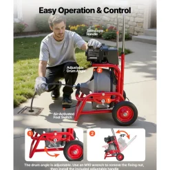 VEVOR Drain Cleaner Machine 75 FT x 3/8 Inch, Sewer Snake Auger on Wheels, Manual Feed Drain Cleaning Machine with Adjustable Drum Angle, 6 Cutters & Air-activated Foot Switch for 2
