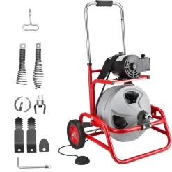 VEVOR Drain Cleaner Machine 75 FT x 3/8 Inch, Sewer Snake Auger on Wheels, Manual Feed Drain Cleaning Machine with Adjustable Drum Angle, 6 Cutters & Air-activated Foot Switch for 2