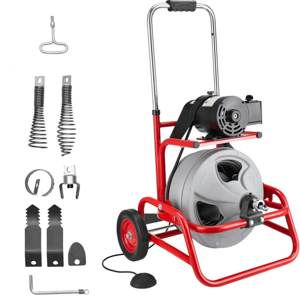 VEVOR Drain Cleaner Machine 75 FT x 3/8 Inch, Sewer Snake Auger on Wheels, Manual Feed Drain Cleaning Machine with Adjustable Drum Angle, 6 Cutters & Air-activated Foot Switch for 2" to 4" Pipes