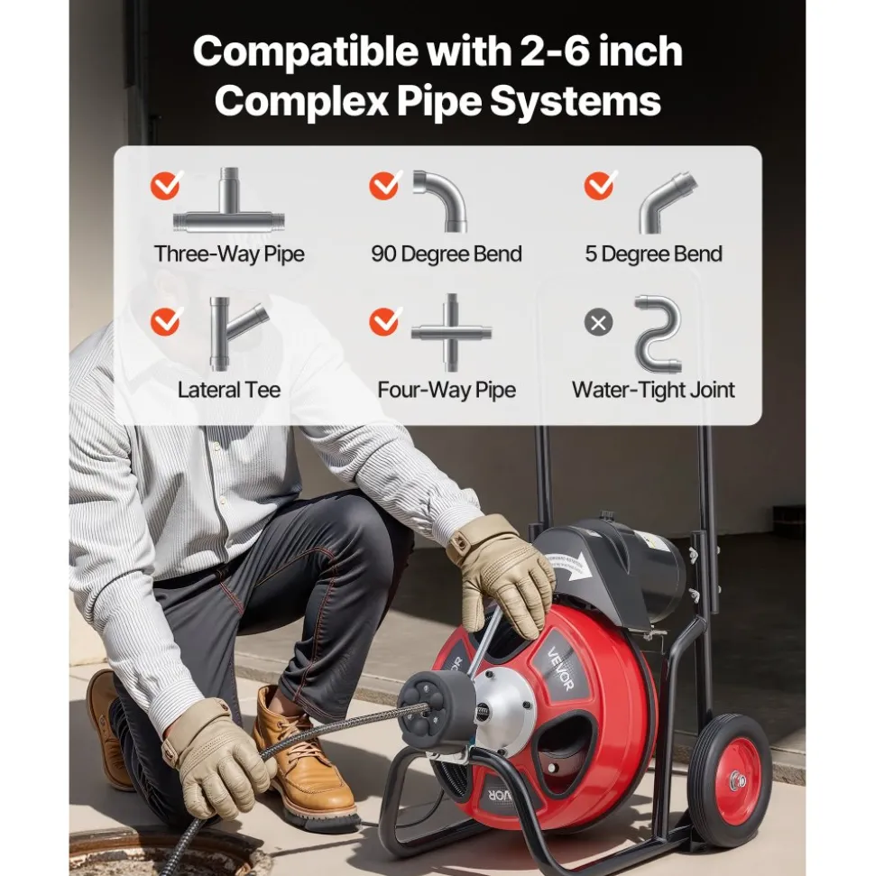 VEVOR Drain Cleaner Machine 100 FT x 1/2 Inch, Auto Feed Sewer Snake Auger on Wheels, Portable Drain Cleaning Machine with 4 Cutters & Air-activated Foot Switch for 2" to 6" Pipes