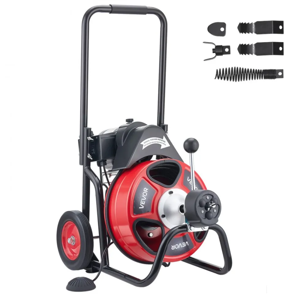 VEVOR Drain Cleaner Machine 100 FT x 1/2 Inch, Auto Feed Sewer Snake Auger on Wheels, Portable Drain Cleaning Machine with 4 Cutters & Air-activated Foot Switch for 2" to 6" Pipes