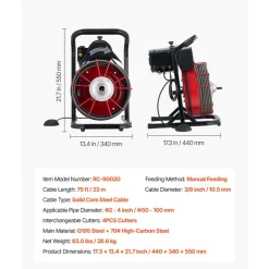 VEVOR Drain Cleaner Machine 50 FT x 1/2 Inch, Auto Feed Sewer Snake Auger on Wheels, Portable Drain Cleaning Machine with 4 Cutters & Air-activated Foot Switch for 2