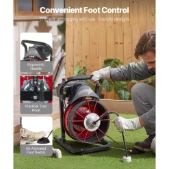 VEVOR Drain Cleaner Machine 50 FT x 1/2 Inch, Auto Feed Sewer Snake Auger on Wheels, Portable Drain Cleaning Machine with 4 Cutters & Air-activated Foot Switch for 2