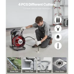 VEVOR Drain Cleaner Machine 50 FT x 1/2 Inch, Auto Feed Sewer Snake Auger on Wheels, Portable Drain Cleaning Machine with 4 Cutters & Air-activated Foot Switch for 2