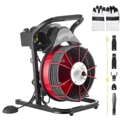 VEVOR Drain Cleaner Machine 50 FT x 1/2 Inch, Auto Feed Sewer Snake Auger on Wheels, Portable Drain Cleaning Machine with 4 Cutters & Air-activated Foot Switch for 2