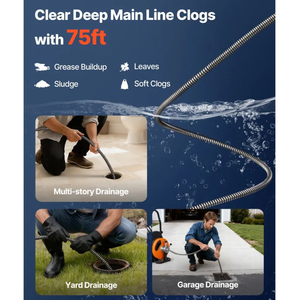 VEVOR Drain Cleaning Cable 75 Feet x 1/2 Inch Solid Core Cable Sewer Cable Drain Auger Cable Cleaner Snake Clog Pipe Drain Cleaning Cable Sewer Drain Auger Snake Pipe
