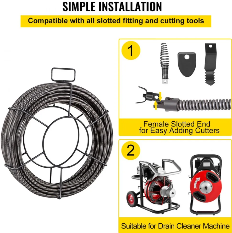 VEVOR Drain Cleaning Cable 50 Feet x 1/2 Inch Solid Core Cable Sewer Cable Drain Auger Cable Cleaner Snake Clog Pipe Drain Cleaning Cable Sewer Drain Auger Snake Pipe
