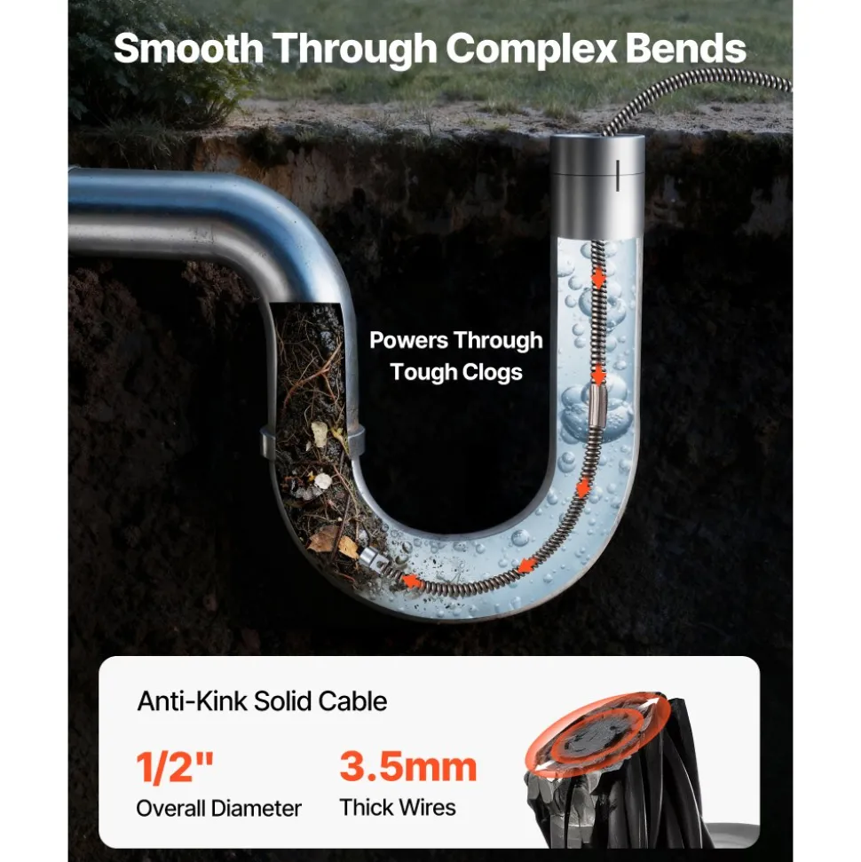 VEVOR Drain Cleaning Cable 100 Feet x 1/2 Inch Solid Core Cable Sewer Cable Drain Auger Cable Cleaner Snake Clog Pipe Drain Cleaning Cable Sewer Drain Auger Snake Pipe