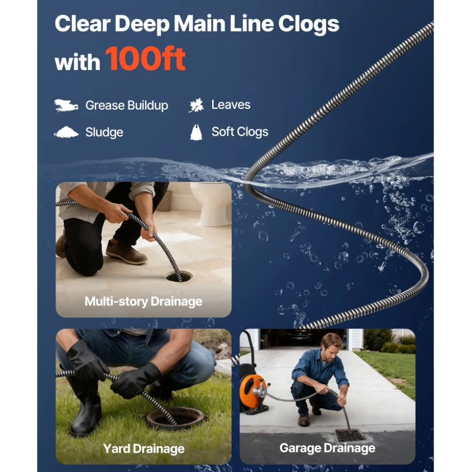 VEVOR Drain Cleaning Cable 100 Feet x 1/2 Inch Solid Core Cable Sewer Cable Drain Auger Cable Cleaner Snake Clog Pipe Drain Cleaning Cable Sewer Drain Auger Snake Pipe