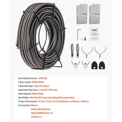 VEVOR Drain Cleaning Cable 100 Feet x 1/2 Inch Solid Core Cable Sewer Cable Drain Auger Cable Cleaner Snake Clog Pipe Drain Cleaning Cable Sewer Drain Auger Snake Pipe