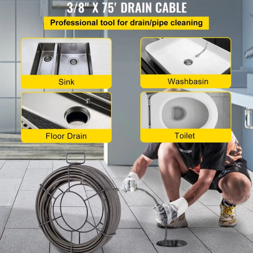 VEVOR Drain Cleaning Cable 75 Feet x 3/8 Inch Solid Core Cable Sewer Cable Drain Auger Cable Cleaner Snake Clog Pipe Drain Cleaning Cable Sewer Drain Auger Snake Pipe