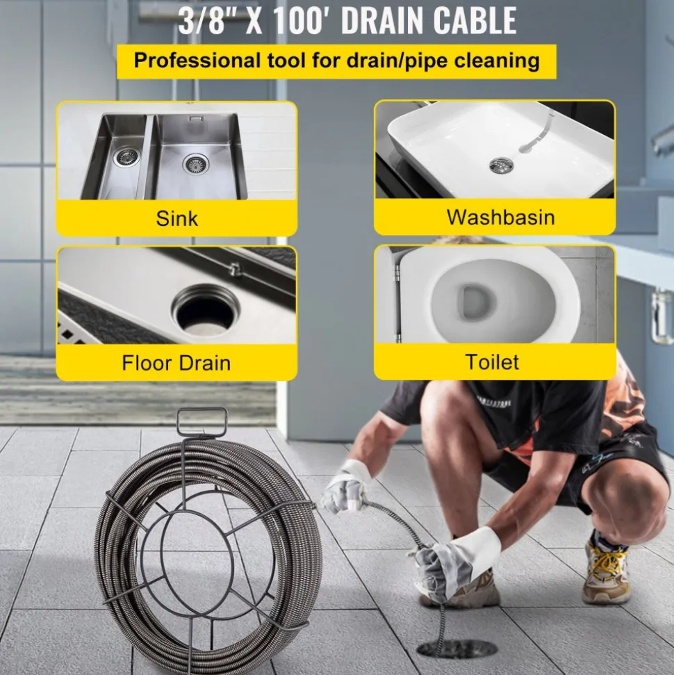 VEVOR Drain Cleaning Cable 100 FT x 3/8 Inch, Solid Core Steel Sewer Cable with 4 Cutter for 2" to 4" Pipes, Sewer Auger Cleaner Cable for Sink, Floor Drain, Toilet