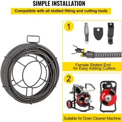 VEVOR Drain Cleaning Cable 100 FT x 3/8 Inch, Solid Core Steel Sewer Cable with 4 Cutter for 2