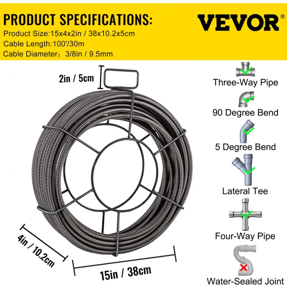 VEVOR Drain Cleaning Cable 100 FT x 3/8 Inch, Solid Core Steel Sewer Cable with 4 Cutter for 2" to 4" Pipes, Sewer Auger Cleaner Cable for Sink, Floor Drain, Toilet