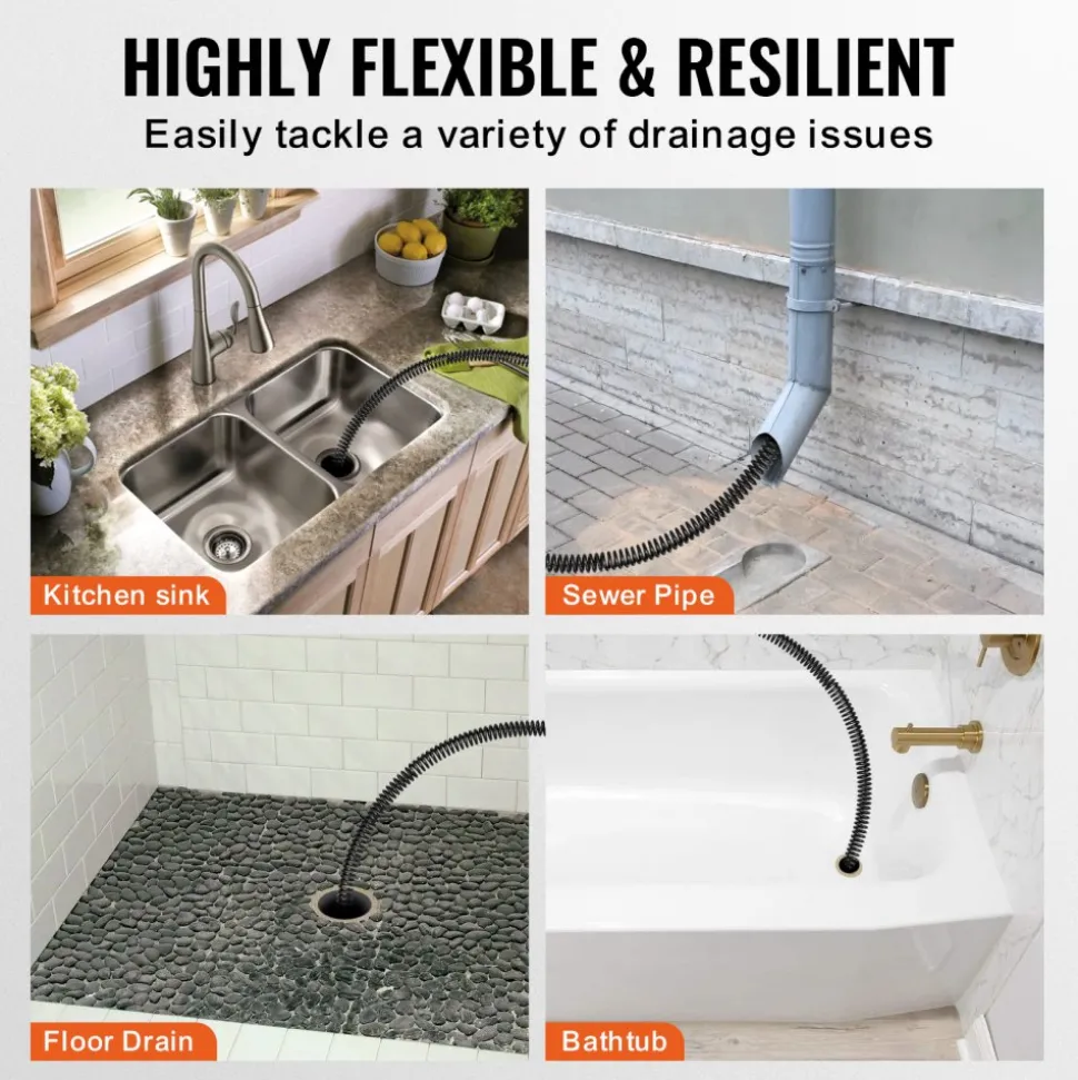 VEVOR Drain Cleaning Cable 66 FT x 5/8 Inch, Professional Sectional Drain Cleaner Cable with 7 Cutters for 0.8" to 3.9" Pipes, Hollow Core Sewer Drain Auger Cable for Sink, Floor Drain, Toilet