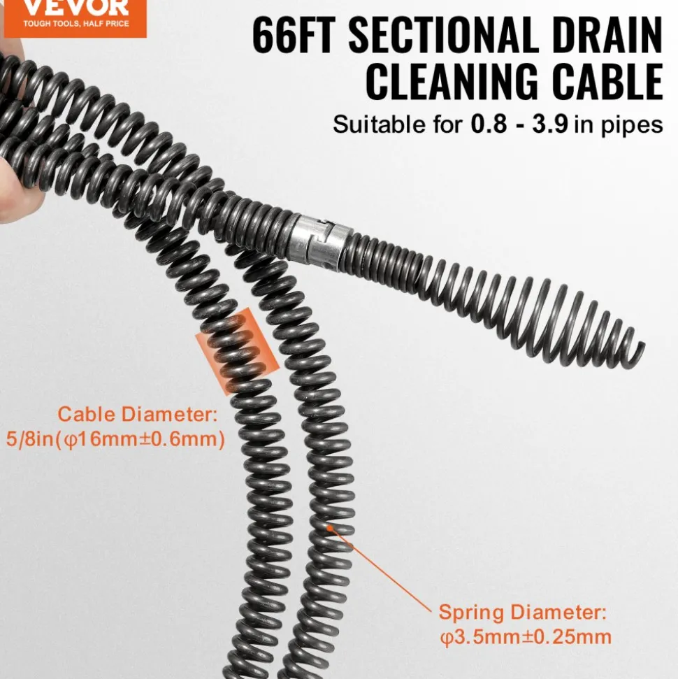 VEVOR Drain Cleaning Cable 66 FT x 5/8 Inch, Professional Sectional Drain Cleaner Cable with 7 Cutters for 0.8" to 3.9" Pipes, Hollow Core Sewer Drain Auger Cable for Sink, Floor Drain, Toilet