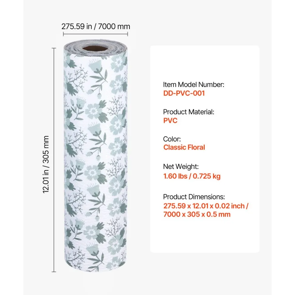 VEVOR Drawer and Shelf Liner for Kitchen Cabinet, Non-Adhesive Non-Slip Thick Refrigerator Liners, Waterproof Shelf Paper, Cupboard Bathroom Drawer Mats, PVC Fridge Lining for Shelves, Floral, 23 FT