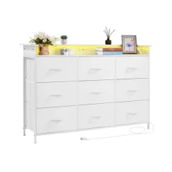 VEVOR 9 Drawer Dresser, Fabric Drawer Dresser with Fabric Bin, Storage Drawers with Sturdy Metal Frame, LED Lights & Built-in Outlet, Fabric Storage Tower for Bedroom, Hallway, White