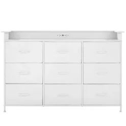 VEVOR 9 Drawer Dresser, Fabric Drawer Dresser with Fabric Bin, Storage Drawers with Sturdy Metal Frame, LED Lights & Built-in Outlet, Fabric Storage Tower for Bedroom, Hallway, White