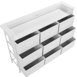 VEVOR 9 Drawer Dresser, Fabric Drawer Dresser with Fabric Bin, Storage Drawers with Sturdy Metal Frame, LED Lights & Built-in Outlet, Fabric Storage Tower for Bedroom, Hallway, White