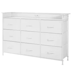 VEVOR 9 Drawer Dresser, Fabric Drawer Dresser with Fabric Bin, Storage Drawers with Sturdy Metal Frame, LED Lights & Built-in Outlet, Fabric Storage Tower for Bedroom, Hallway, White