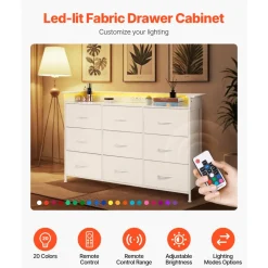 VEVOR 9 Drawer Dresser, Fabric Drawer Dresser with Fabric Bin, Storage Drawers with Sturdy Metal Frame, LED Lights & Built-in Outlet, Fabric Storage Tower for Bedroom, Hallway, White
