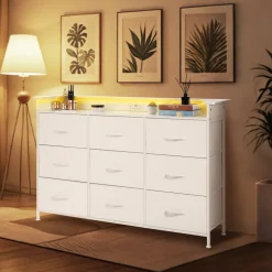 VEVOR 9 Drawer Dresser, Fabric Drawer Dresser with Fabric Bin, Storage Drawers with Sturdy Metal Frame, LED Lights & Built-in Outlet, Fabric Storage Tower for Bedroom, Hallway, White