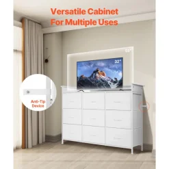 VEVOR 9 Drawer Dresser, Fabric Drawer Dresser with Fabric Bin, Storage Drawers with Sturdy Metal Frame, LED Lights & Built-in Outlet, Fabric Storage Tower for Bedroom, Hallway, White