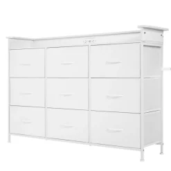VEVOR 9 Drawer Dresser, Fabric Drawer Dresser with Fabric Bin, Storage Drawers with Sturdy Metal Frame, LED Lights & Built-in Outlet, Fabric Storage Tower for Bedroom, Hallway, White