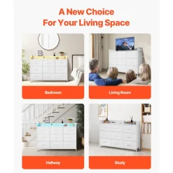 VEVOR 9 Drawer Dresser, Tall Drawer Dresser with Fabric Bin, Closet Storage Drawers with Sturdy Metal Frame, LED Lights & Built-in Outlet, Fabric Storage Tower for Bedroom, Hallway, Closet, White