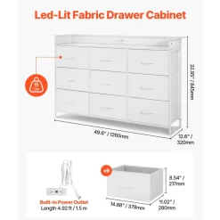 VEVOR 9 Drawer Dresser, Tall Drawer Dresser with Fabric Bin, Closet Storage Drawers with Sturdy Metal Frame, LED Lights & Built-in Outlet, Fabric Storage Tower for Bedroom, Hallway, Closet, White