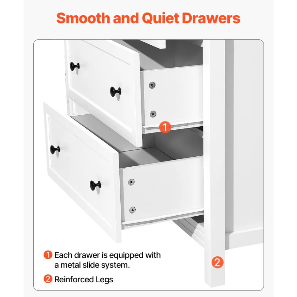 VEVOR 6 Drawer Dresser, Wooden Chest of Drawers with Sliding and Anti-tip Device, Retro Minimalist Dresser Chest, Closet Storage TV Stand Organizer for Living Room, Hallway, Bedroom, Entryway, White