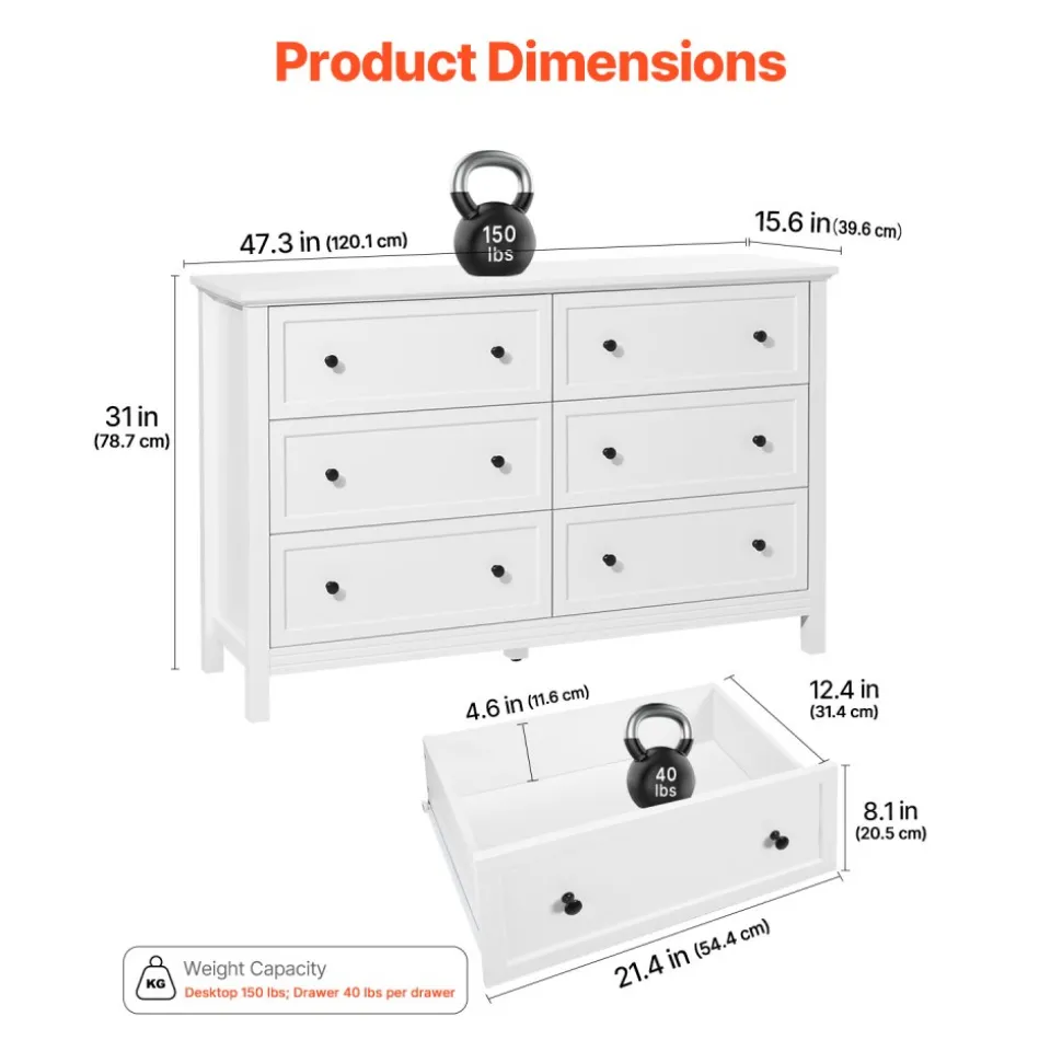 VEVOR 6 Drawer Dresser, Wooden Chest of Drawers with Sliding and Anti-tip Device, Retro Minimalist Dresser Chest, Closet Storage TV Stand Organizer for Living Room, Hallway, Bedroom, Entryway, White